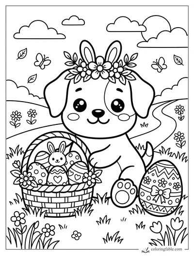 Kawaii puppy with bunny ears, flower crown, Easter basket, decorated eggs, butterflies, clouds, and winding path.