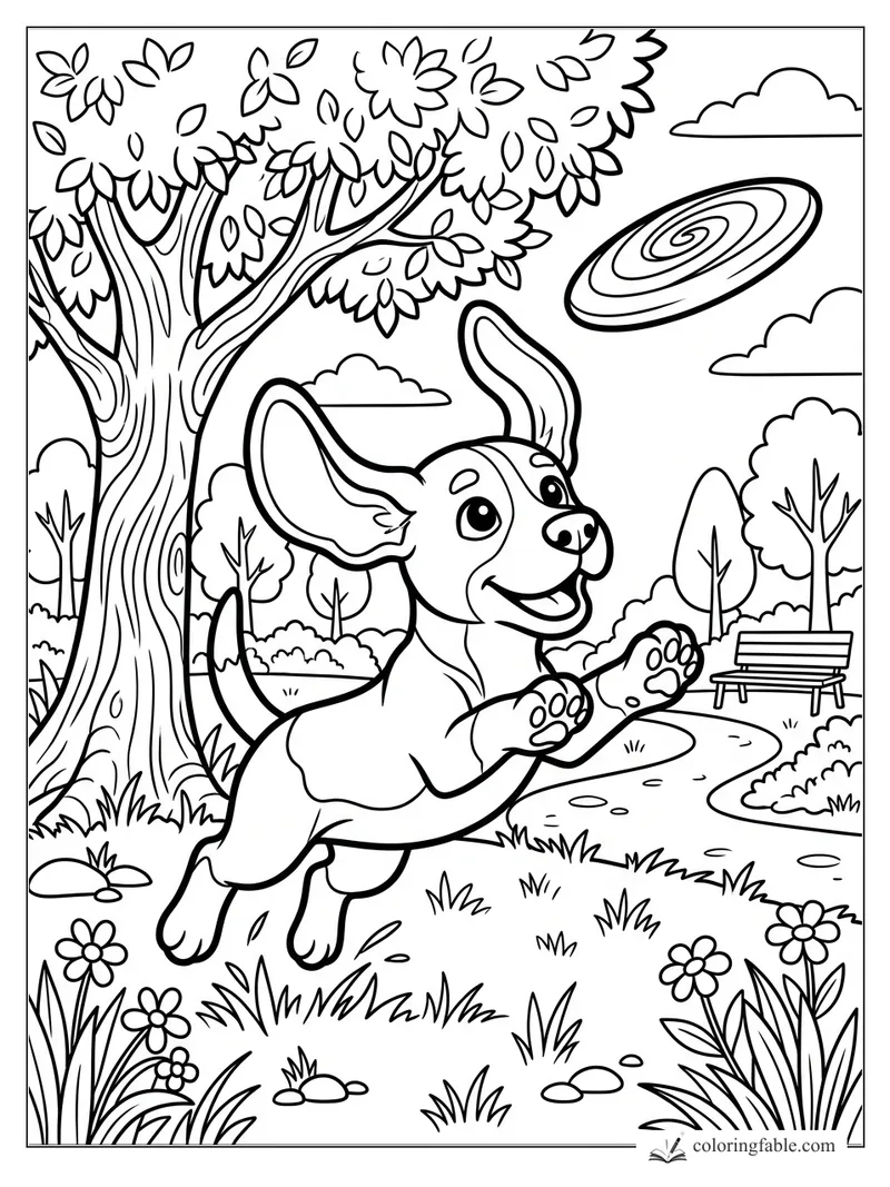 Cartoon puppy jumping for a spiral frisbee under a leafy tree in a park with bench, flowers, and clouds