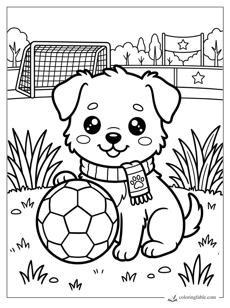 Kawaii puppy in a scarf sitting beside a soccer ball, with a goal net and star flags behind it.