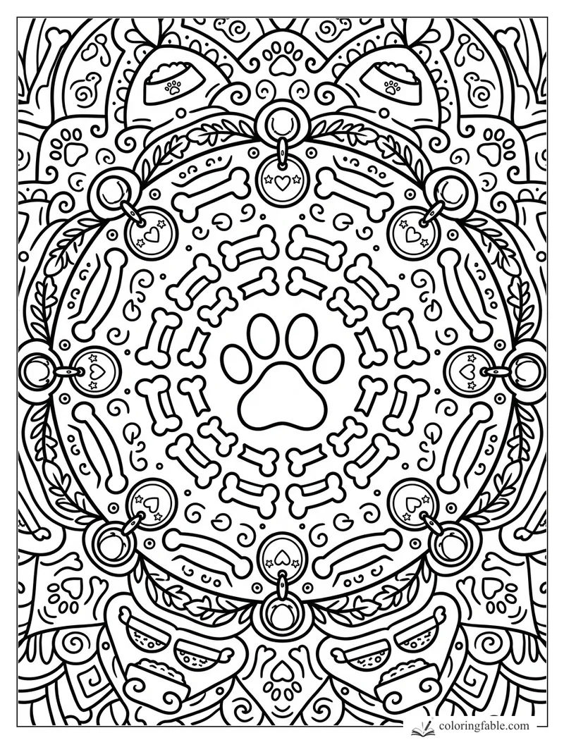 Cartoon dog mandala with a big paw print, rings of bones, bowls, tags, paw prints, leaves, and swirls.