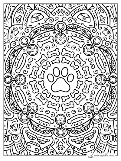 Cartoon dog mandala with a big paw print, rings of bones, bowls, tags, paw prints, leaves, and swirls.