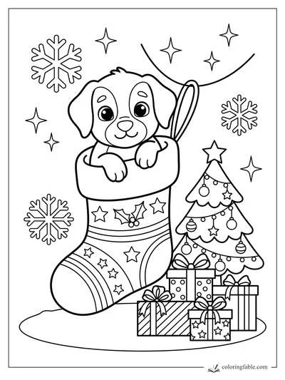 Cute puppy peeking from a decorated Christmas stocking beside a tree, presents, snowflakes, and stars.
