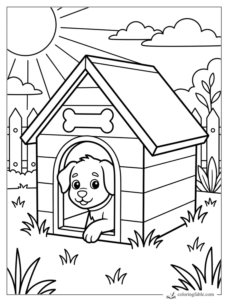 Puppy peeking from an arched doghouse with a bone sign, fence, grass, sun, and clouds