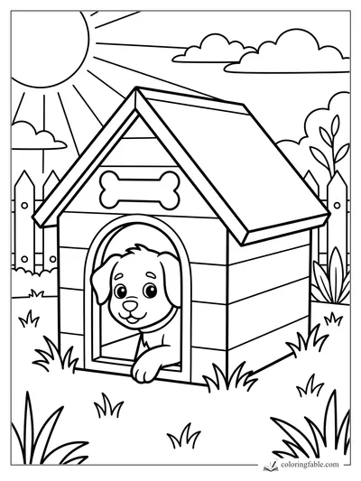 Puppy peeking from an arched doghouse with a bone sign, fence, grass, sun, and clouds