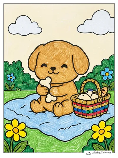 Puppy Picnic with a Bone — colored example