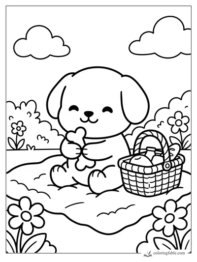 Smiling puppy holding a bone beside a picnic basket, blanket, flowers, bushes, and clouds.