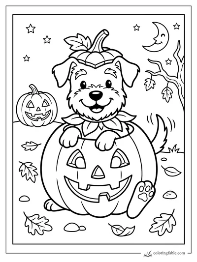 Cartoon puppy wearing a pumpkin cap peeks from a jack-o’-lantern under a crescent moon and stars.
