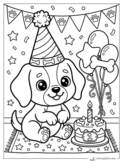 Kawaii puppy in a party hat beside a first birthday cake, bone balloons, paw banner, stars, and confetti.
