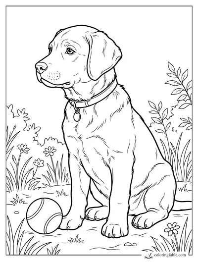 Realistic puppy sitting in a garden with collar tag, tennis ball, daisies, grass, and leafy plants