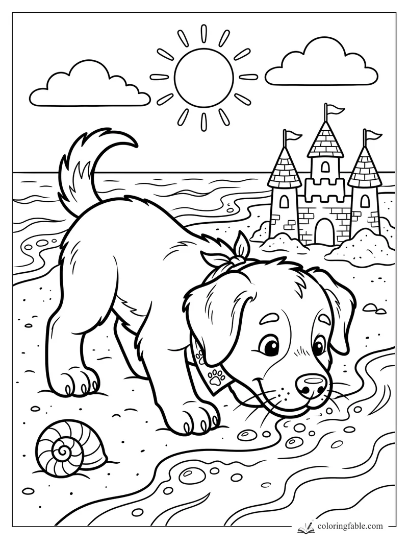 Cartoon puppy sniffing beach bubbles beside a shell, waves, sun, clouds, and a flag-topped sandcastle.