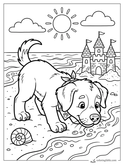 Cartoon puppy sniffing beach bubbles beside a shell, waves, sun, clouds, and a flag-topped sandcastle.