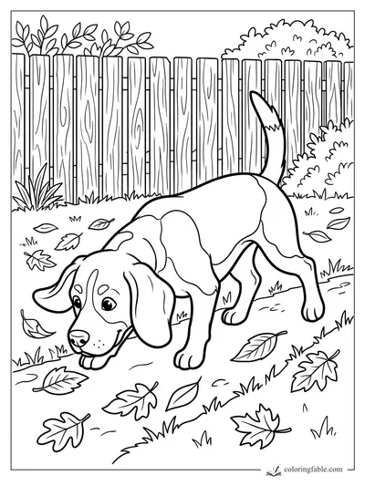 Cartoon puppy sniffing fallen leaves beside a wooden fence and bushes