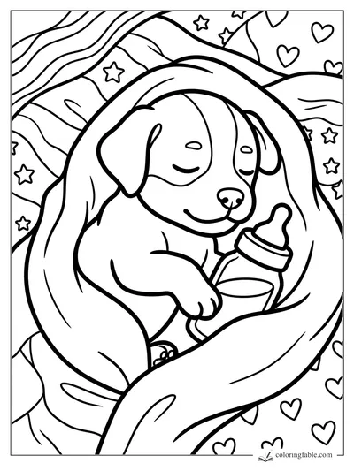 Smiling puppy cuddles a baby bottle under a blanket with stars and hearts