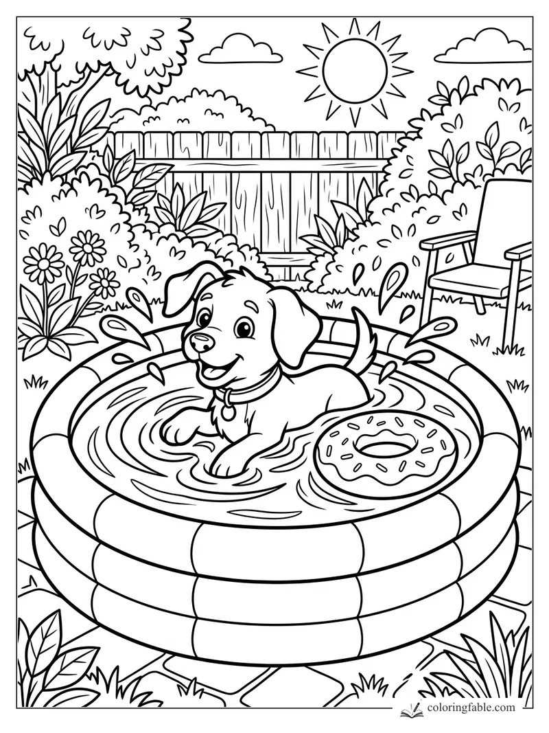 Cartoon puppy splashing in a kiddie pool with a float ring, garden flowers, fence, sun, clouds, and chair.