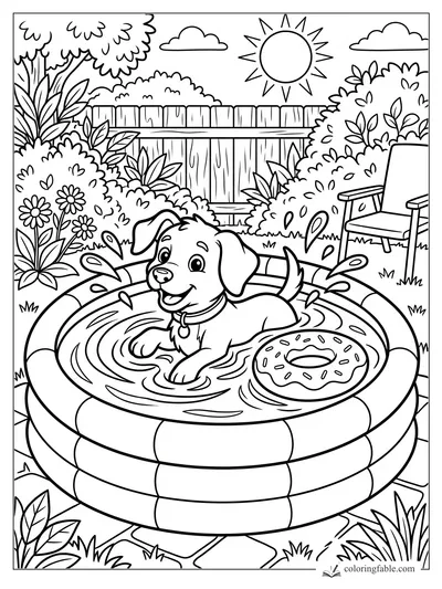 Cartoon puppy splashing in a kiddie pool with a float ring, garden flowers, fence, sun, clouds, and chair.