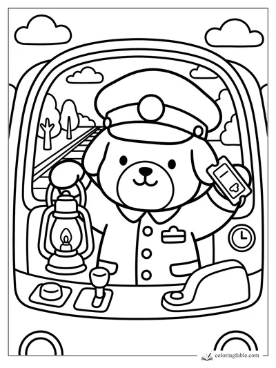 Puppy train driver in a cab holding a lantern and ticket, with tracks, trees, clouds, and a clock.