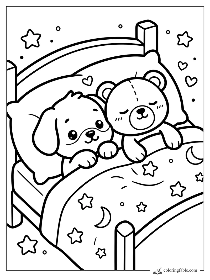 Kawaii puppy in bed hugging a teddy bear under a moon-and-stars blanket