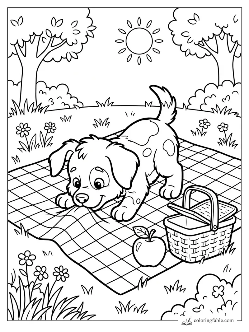 Cartoon puppy tugging a checkered picnic blanket beside a basket, apple, flowers, trees, and sun.