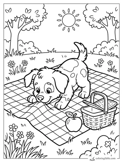 Cartoon puppy tugging a checkered picnic blanket beside a basket, apple, flowers, trees, and sun.