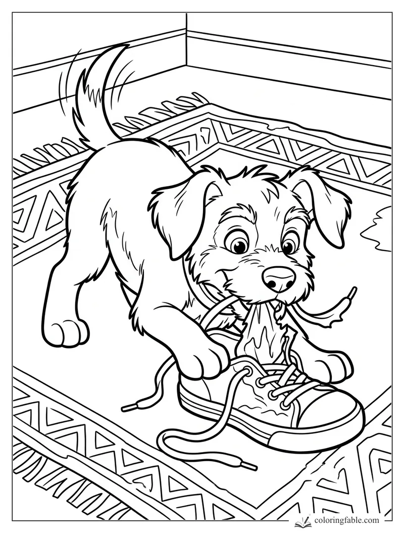 Cartoon puppy pulling laces from a sneaker on a patterned rug, tail wagging.