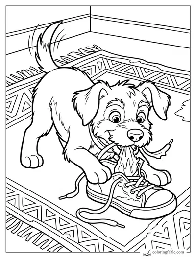 Cartoon puppy pulling laces from a sneaker on a patterned rug, tail wagging.