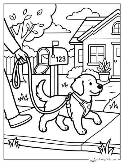 Smiling puppy on a leash walking by a 123 mailbox, house, tree, fence, and potted plant.