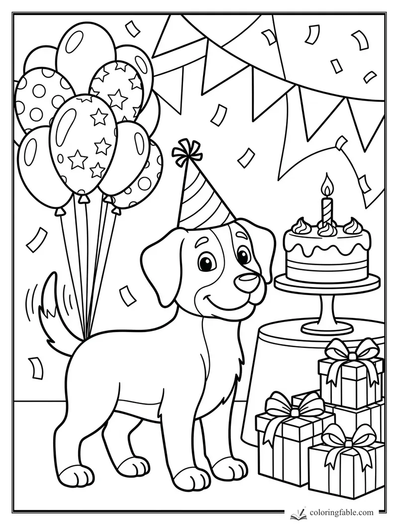 Cartoon puppy in party hat beside balloons, wrapped gifts, bunting, confetti, and a one-candle birthday cake.