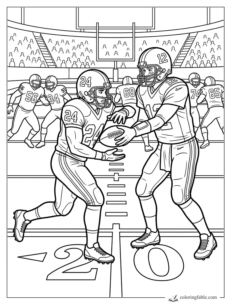 Football quarterback number 12 hands the ball to runner 24 at the 20-yard line in a packed stadium.