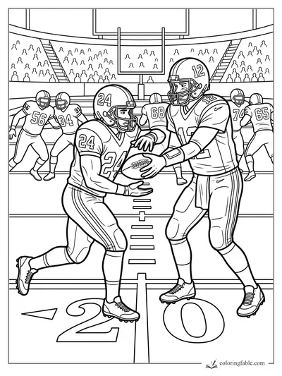 Football quarterback number 12 hands the ball to runner 24 at the 20-yard line in a packed stadium.