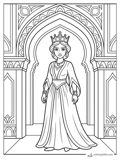 Cartoon queen with crown and gown standing beneath an ornate palace archway