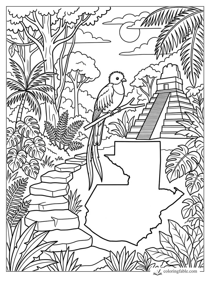 Guatemala outline with a quetzal, stepped Maya temple, stone path, palms, jungle leaves, sun and clouds