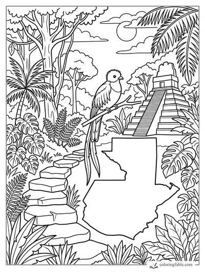 Guatemala outline with a quetzal, stepped Maya temple, stone path, palms, jungle leaves, sun and clouds