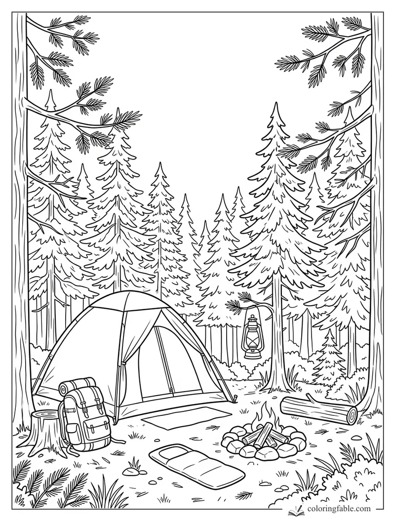 Pine forest campsite coloring page with tent, backpack, campfire ring, lantern, and sleeping bag