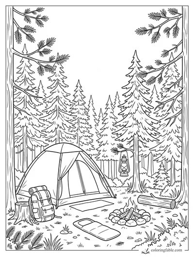 Pine forest campsite coloring page with tent, backpack, campfire ring, lantern, and sleeping bag