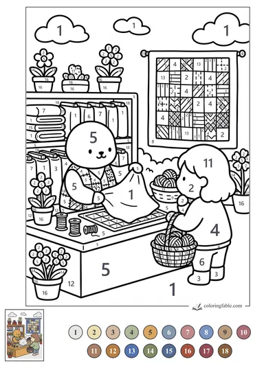 Quilt Shop Helper With Yarn Baskets — color by number