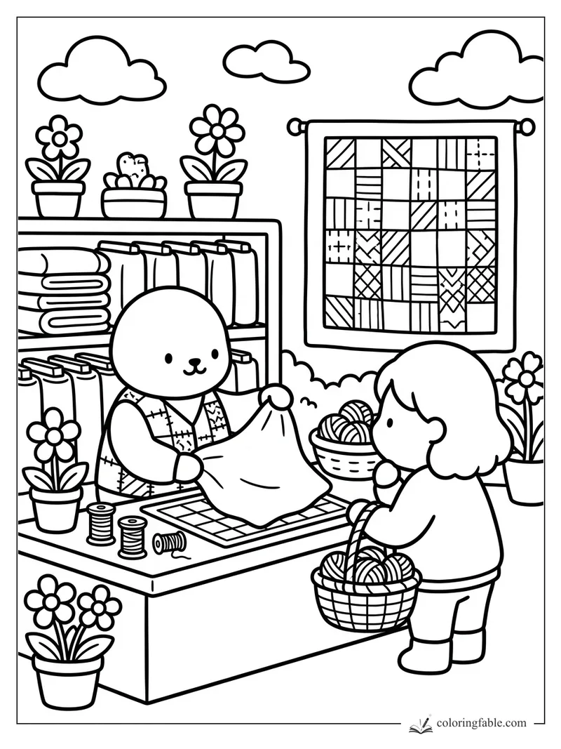 Cozy quilt shop coloring page with bear clerk, child, yarn baskets, flowers, fabric shelves, and wall quilt.