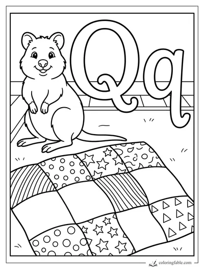 Smiling quokka beside uppercase and lowercase Q with a patterned patchwork quilt
