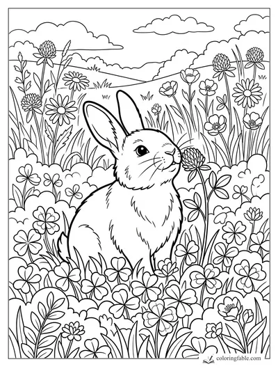 Rabbit sitting in clover and tall wildflowers with rolling hills and clouds behind it