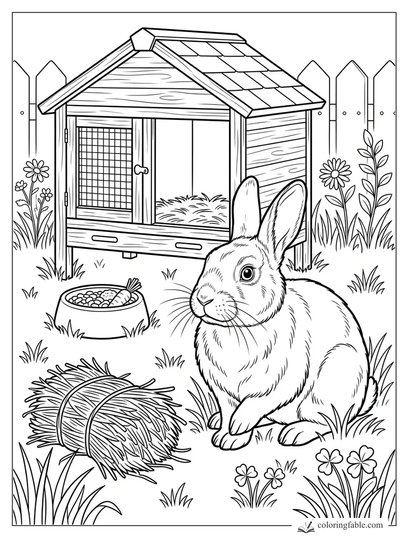 Realistic rabbit sitting by a wooden hutch, hay bundle, food bowl, flowers, grass, and picket fence