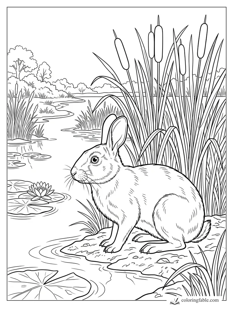 Realistic rabbit sitting on a pond bank beside tall cattails, lily pads, reeds, and a water lily.