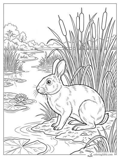 Realistic rabbit sitting on a pond bank beside tall cattails, lily pads, reeds, and a water lily.