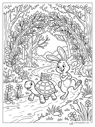 Cartoon rabbit cheering beside a tortoise with a GO flag on a winding forest path.