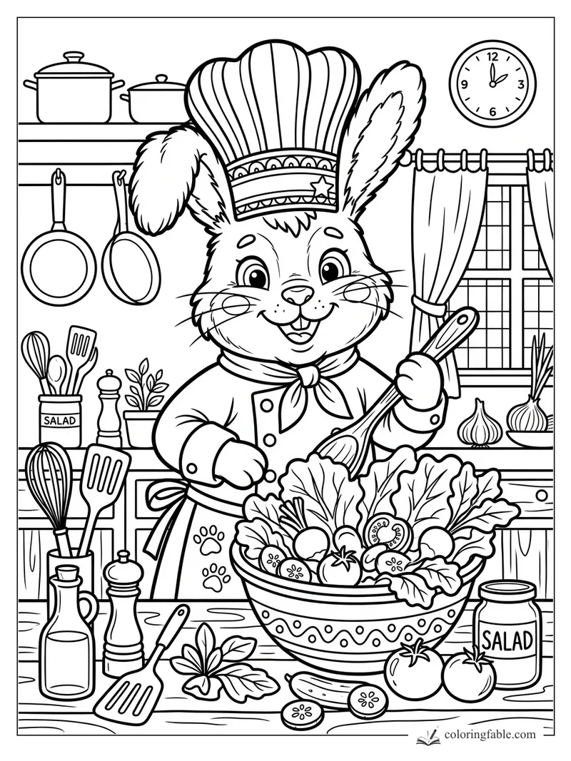 Cartoon rabbit chef stirring a big salad bowl in a busy kitchen with pots, pans, clock, and curtains