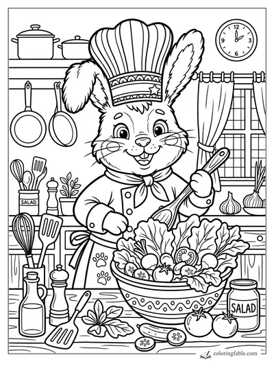 Cartoon rabbit chef stirring a big salad bowl in a busy kitchen with pots, pans, clock, and curtains
