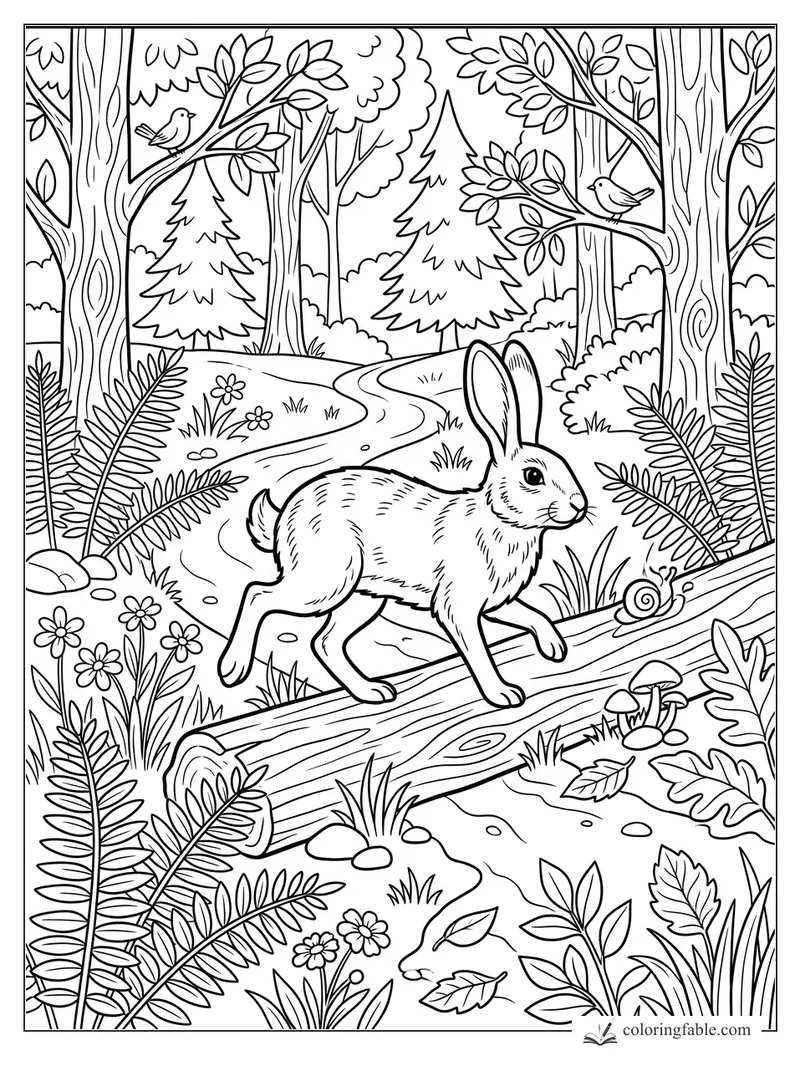 Rabbit stepping over a fallen log on a forest path with birds, ferns, mushrooms, flowers, and a snail.