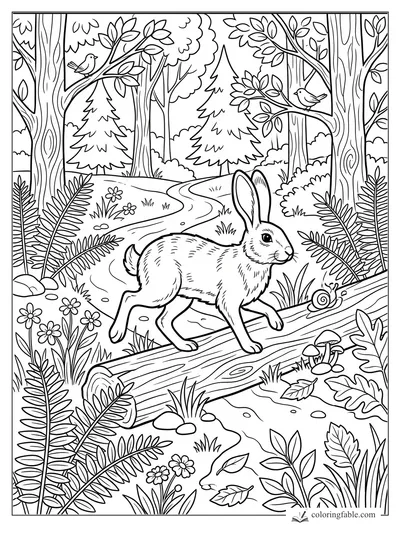 Rabbit stepping over a fallen log on a forest path with birds, ferns, mushrooms, flowers, and a snail.