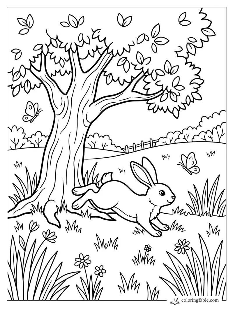 Rabbit running under a leafy tree with butterflies, grass tufts, flowers, rolling hills, and a fence.
