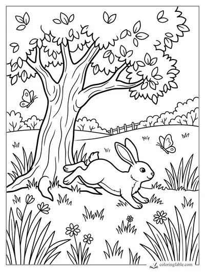 Rabbit running under a leafy tree with butterflies, grass tufts, flowers, rolling hills, and a fence.