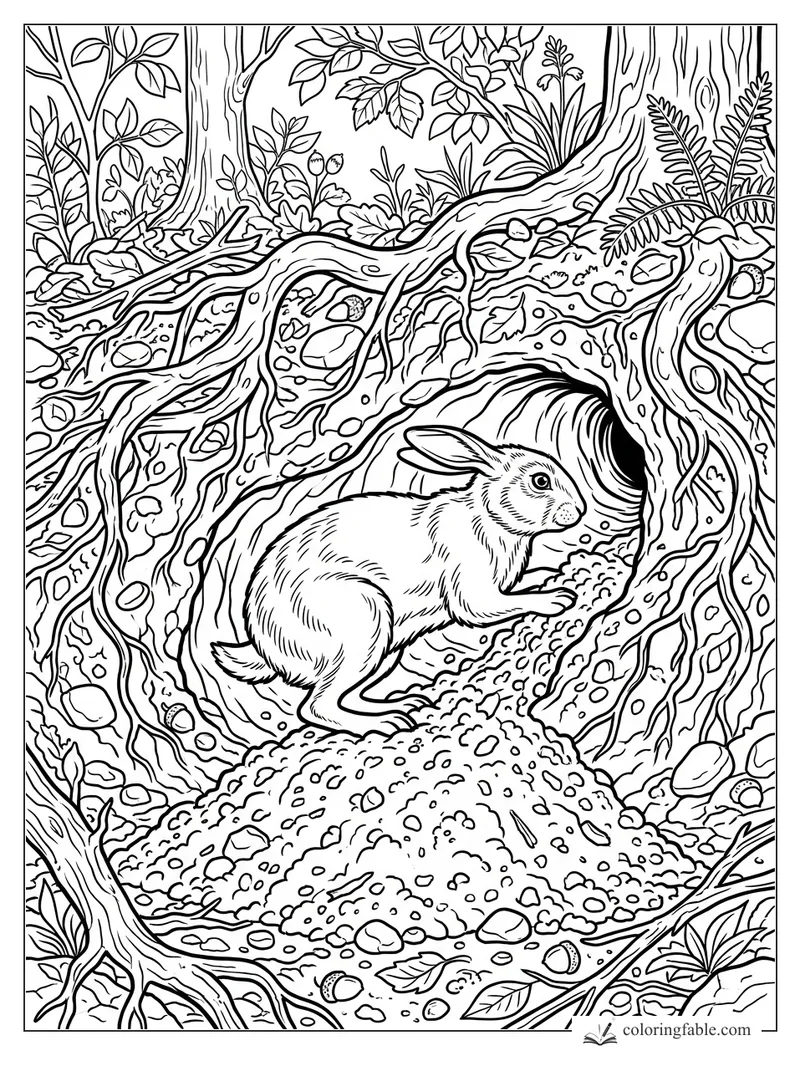 Rabbit digging at a burrow entrance beneath twisted tree roots, ferns, leaves, acorns, and pebbles.