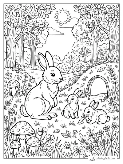 Rabbit family in a forest clearing with mushrooms, flowers, leafy trees, burrow, sun and clouds coloring page